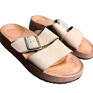 Birkenstock Tan Suede Two-Strap Slide Sandals with Gold Buckles